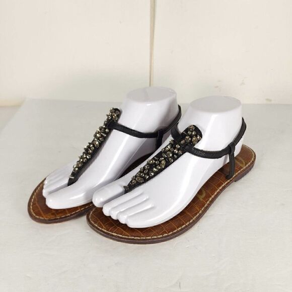 Sam Edelman Women's Gwyneth US 7,5 M Black Leather Rhinestones Thong Sandals - Picture 1 of 13